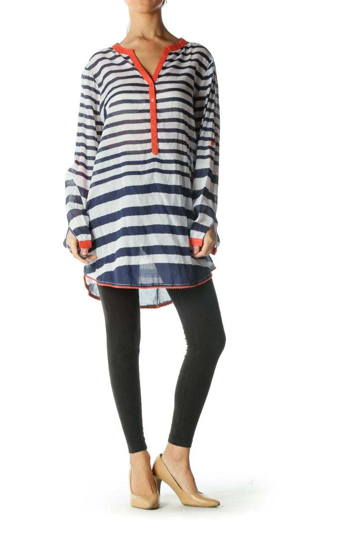 Blue and White Striped Sheer Long Sleeve Shirt