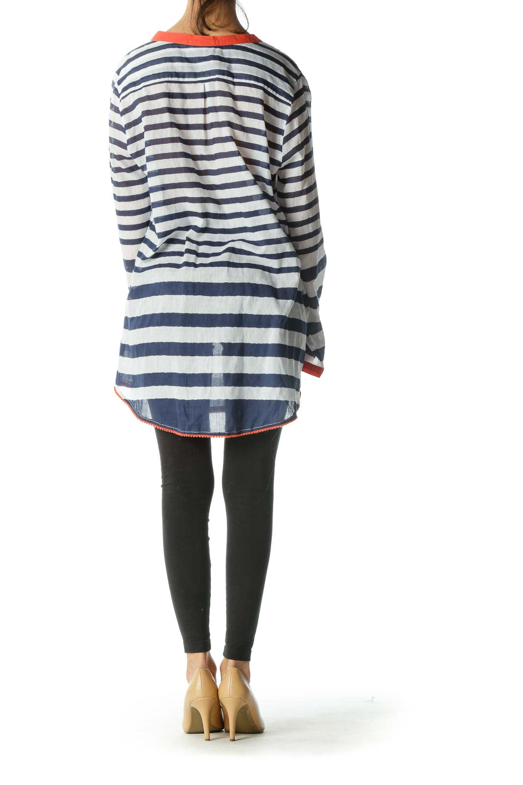 Blue and White Striped Sheer Long Sleeve Shirt