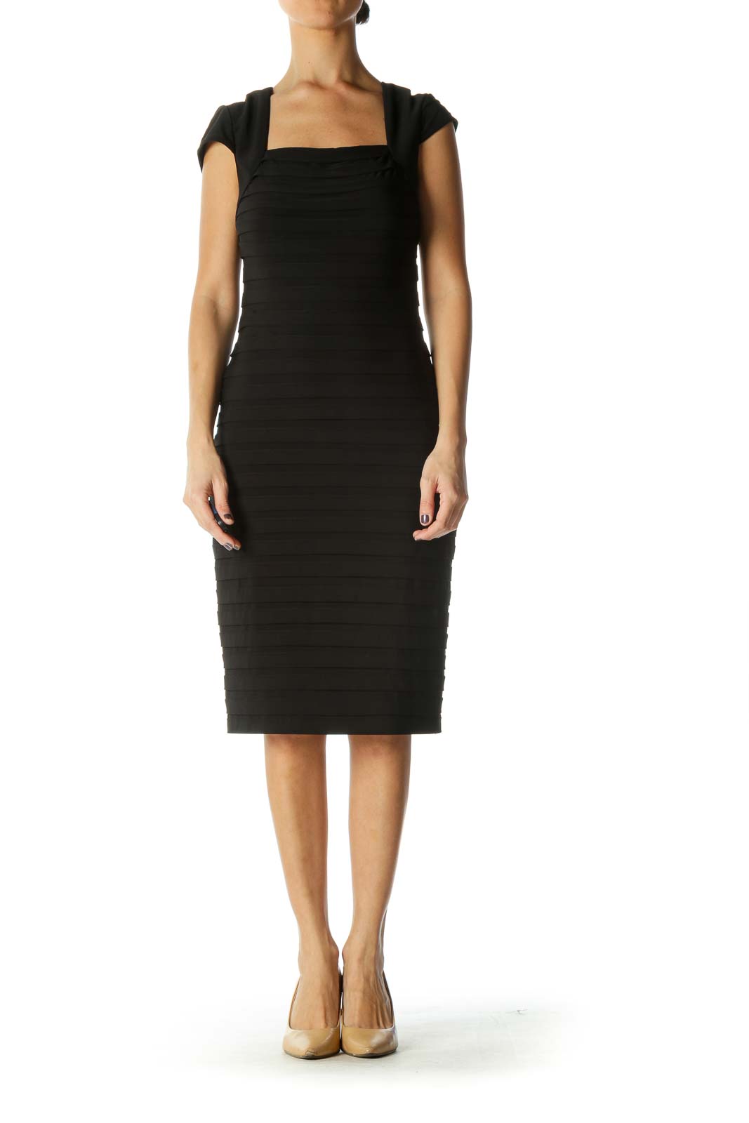 Black Solid Square Neck Sheath Dress