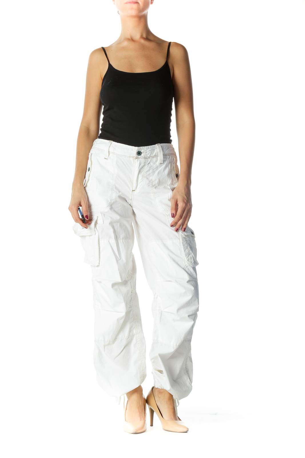 White Beige Stitching Pocketed Pants