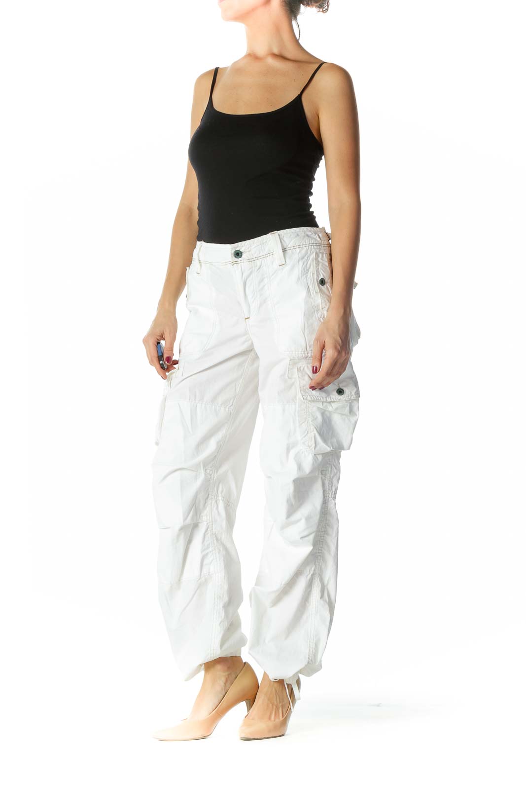 White Beige Stitching Pocketed Pants