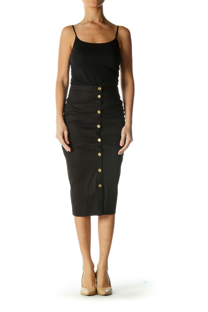 Black Pencil Skirt with Gold Buttons