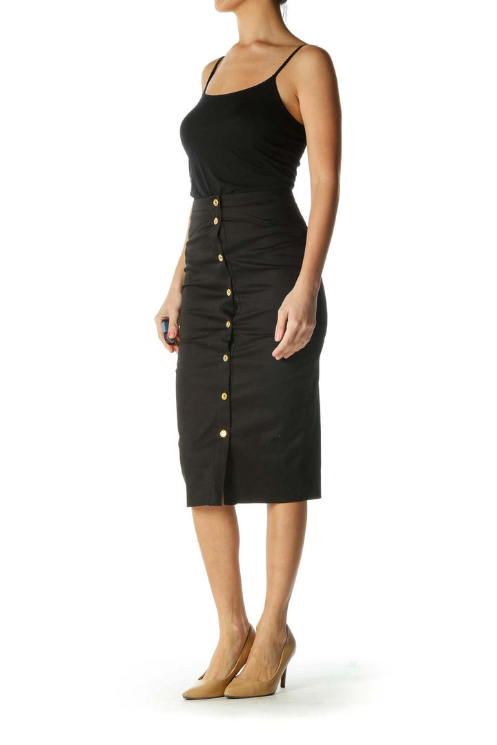 Black Pencil Skirt with Gold Buttons