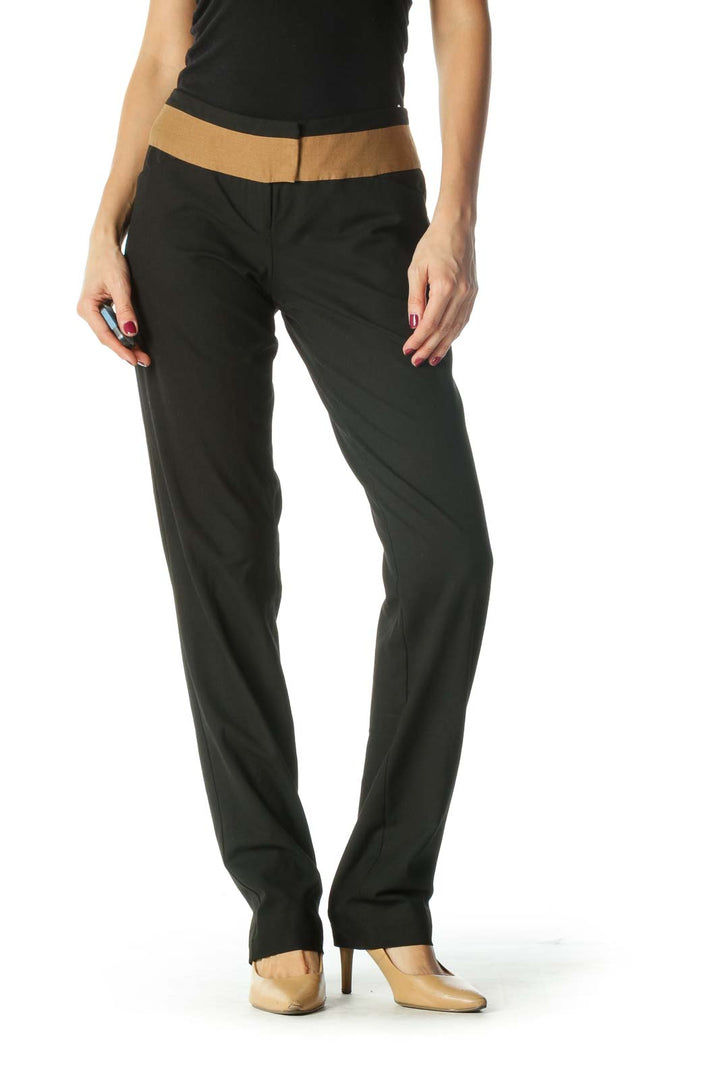 Black Beige Hooks Closure Stretch Slacks