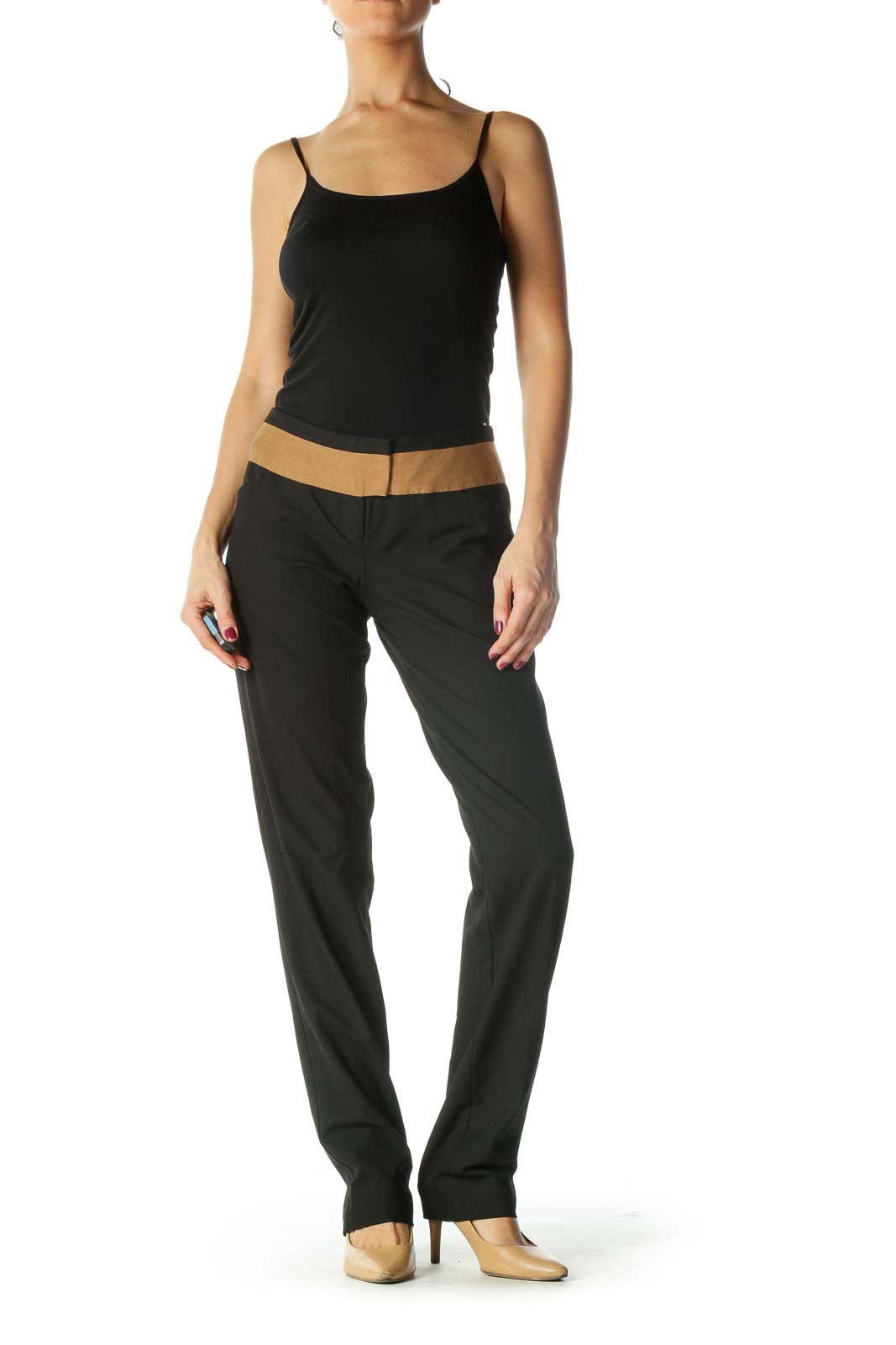 Black Beige Hooks Closure Stretch Slacks