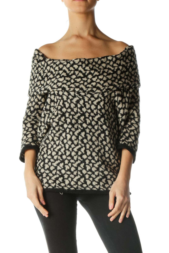 Black and Cream Print Cowl Neck Short Sleeve Sweater