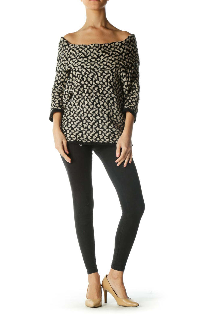 Black and Cream Print Cowl Neck Short Sleeve Sweater