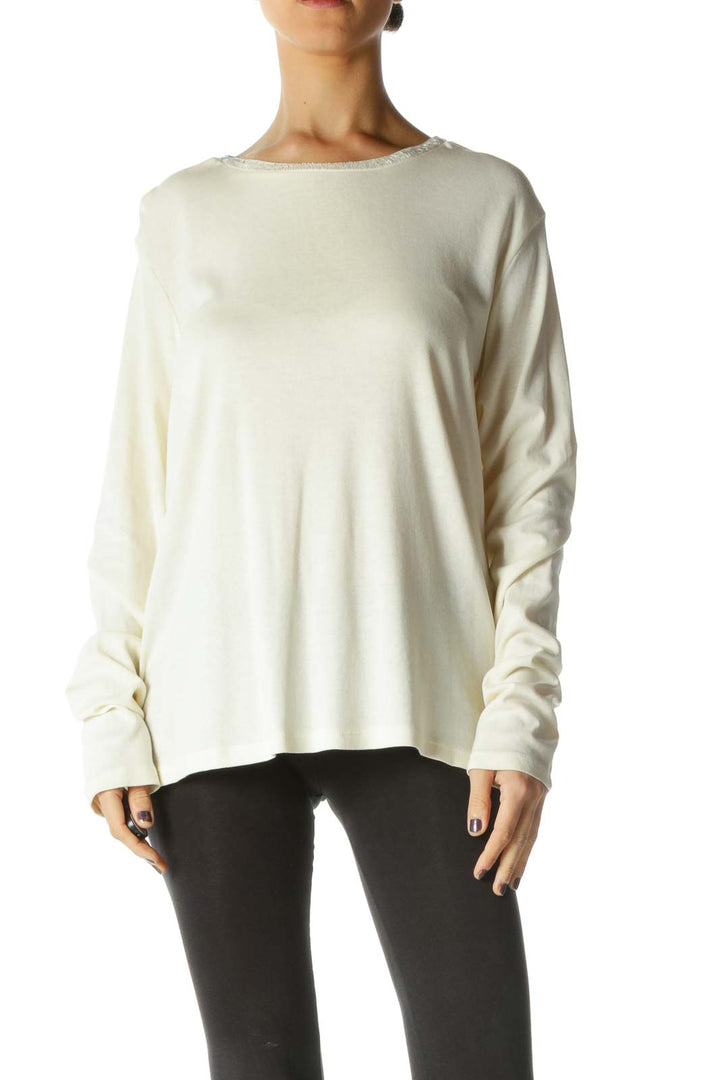 White Solid Crewneck Casual Blouse