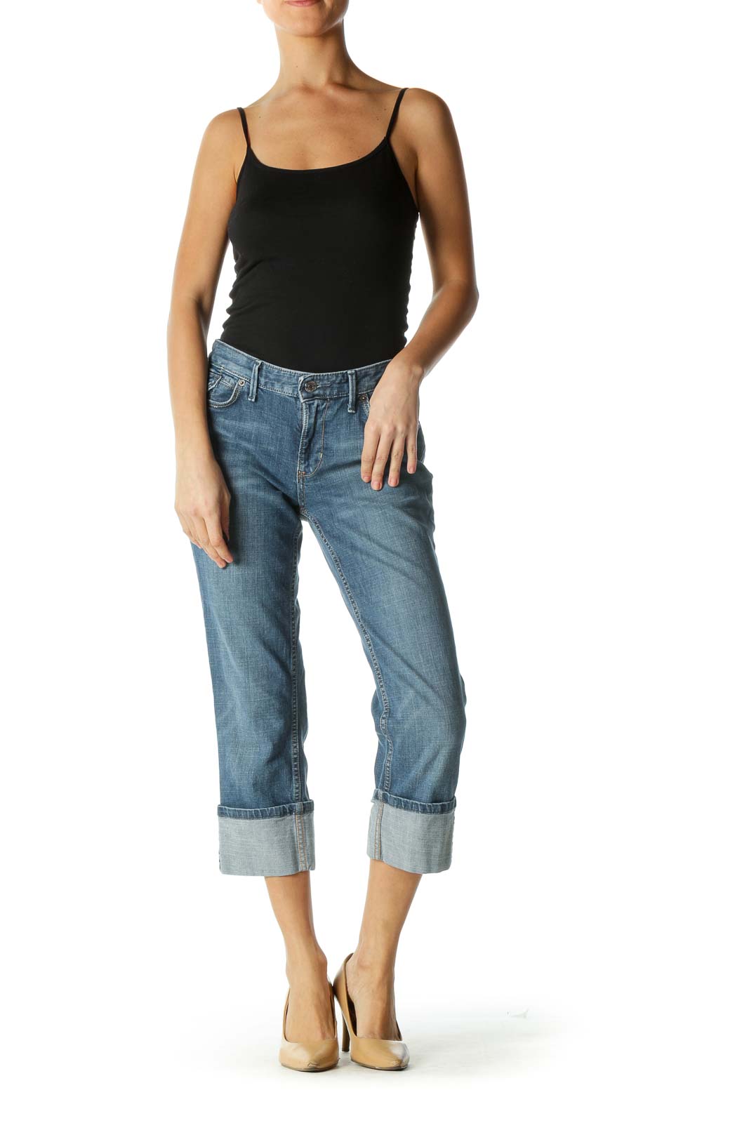 Blue Medium Wash Cuffed Capris