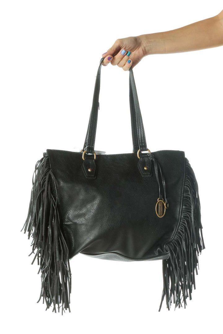 Black Fringe Snap Button Floral Lining Shoulder Bag