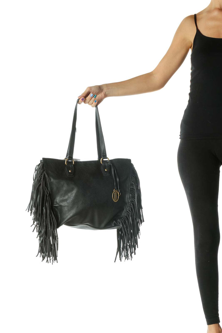 Black Fringe Snap Button Floral Lining Shoulder Bag