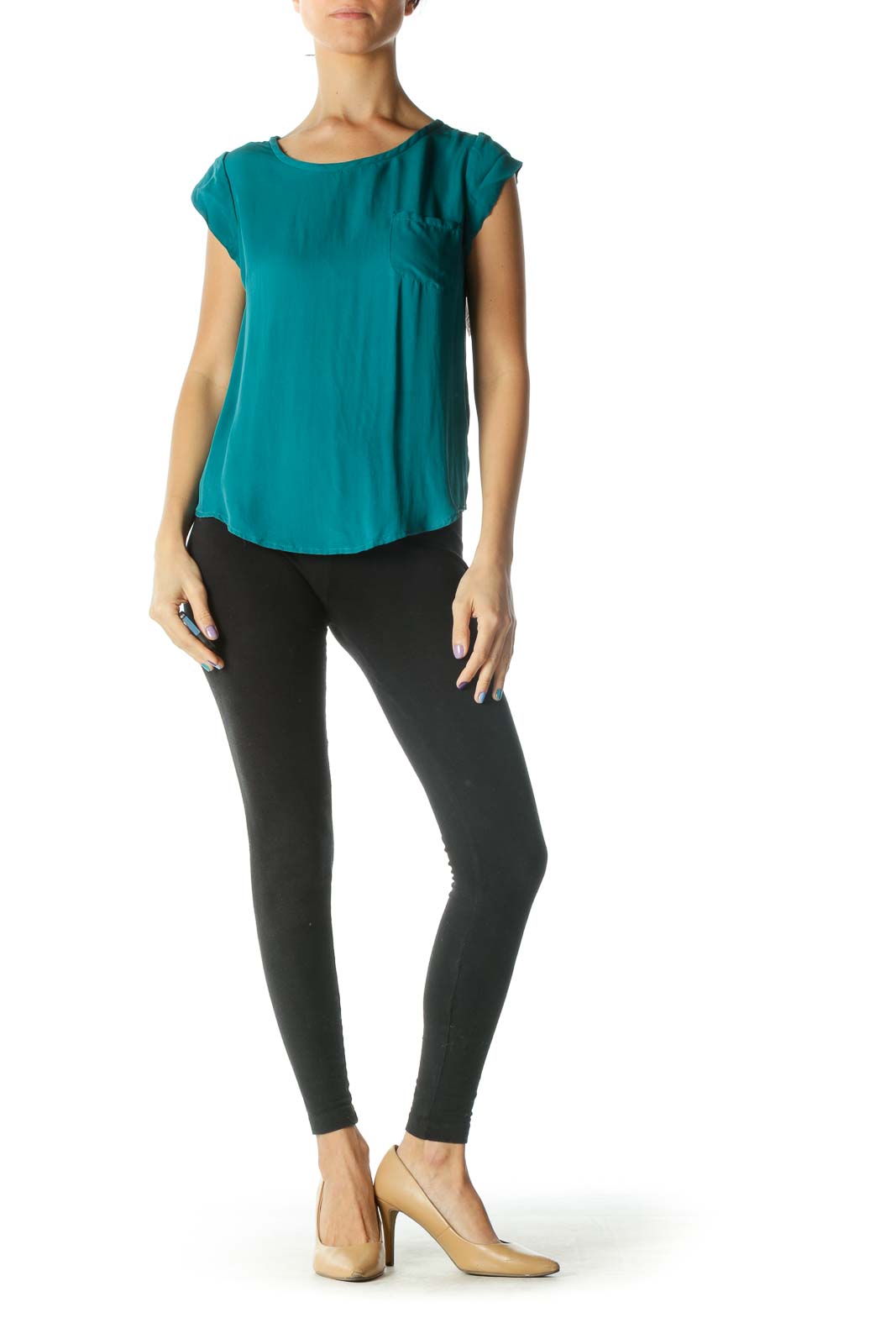 Green Cap Sleeve Round Neck Blouse