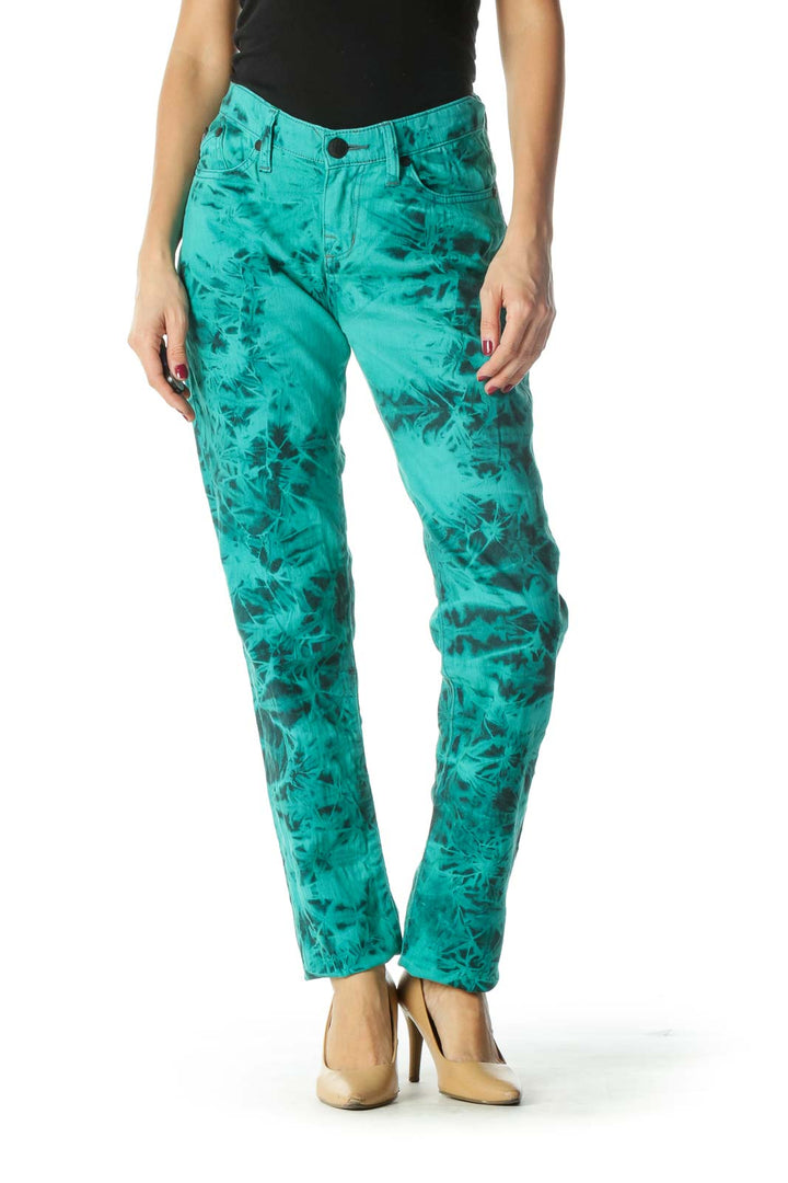 Green Black Tie Dye Print Straight-Leg Denim Pants