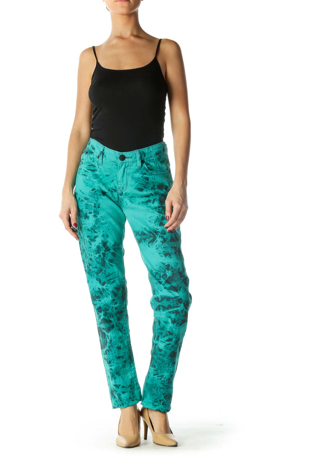 Green Black Tie Dye Print Straight-Leg Denim Pants