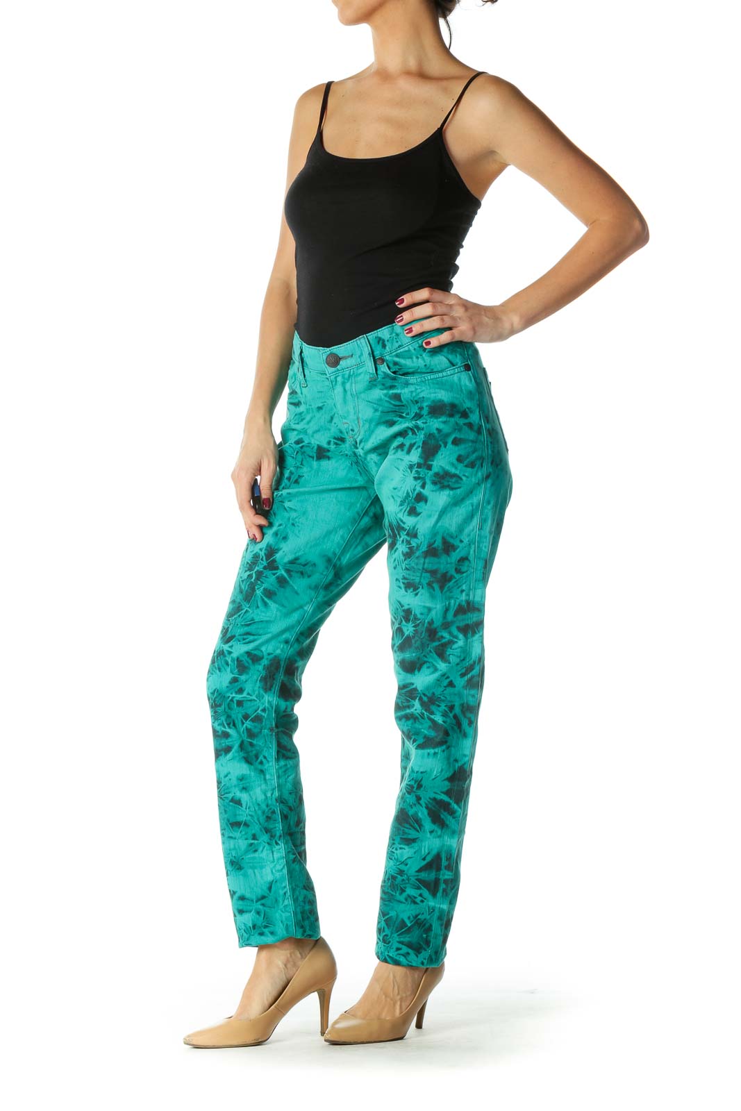 Green Black Tie Dye Print Straight-Leg Denim Pants