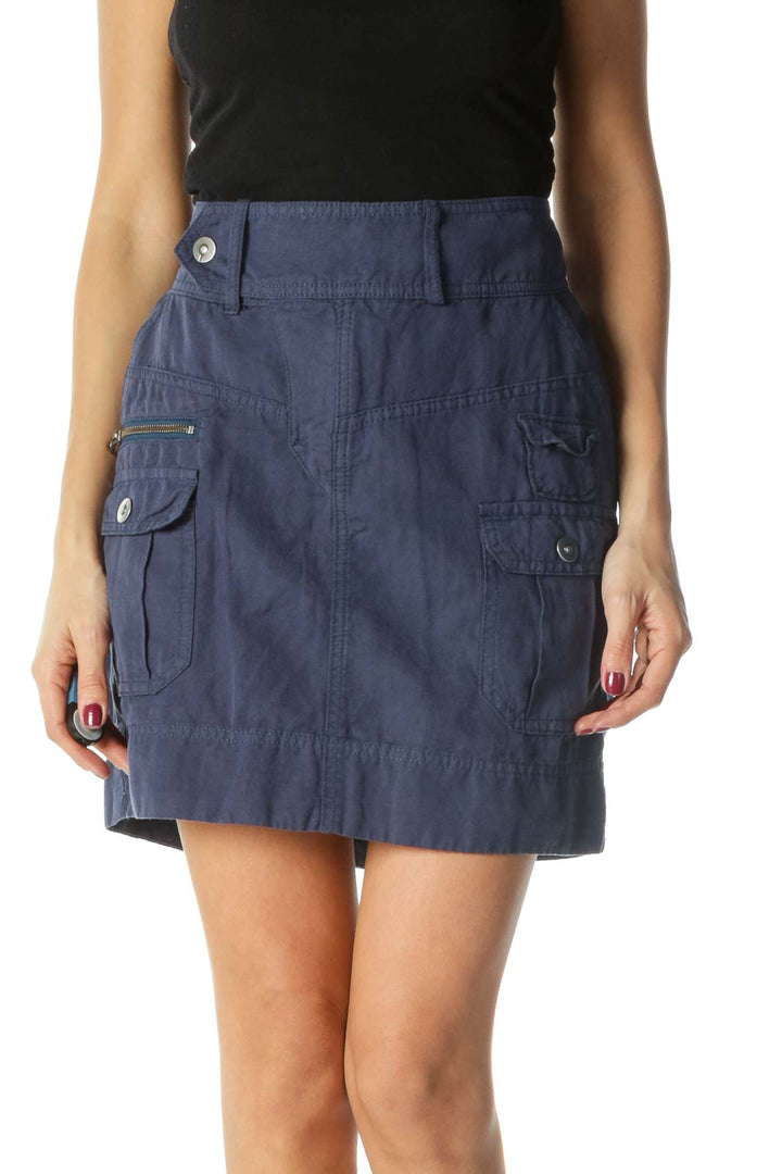 Navy Zippered Pockets and Snap Button A-Line Skirt