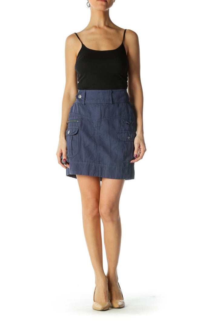 Navy Zippered Pockets and Snap Button A-Line Skirt