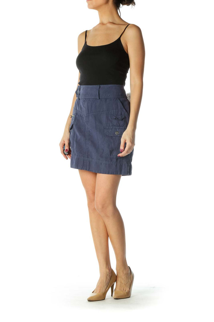 Navy Zippered Pockets and Snap Button A-Line Skirt