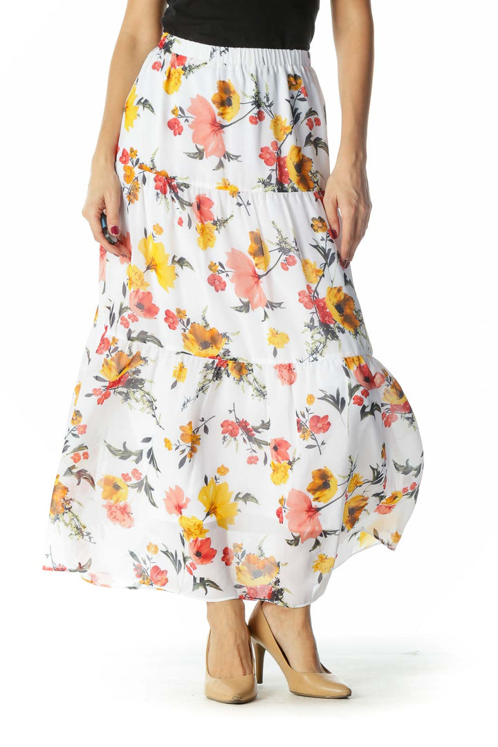 Orange and White Flower Print Maxi Skirt