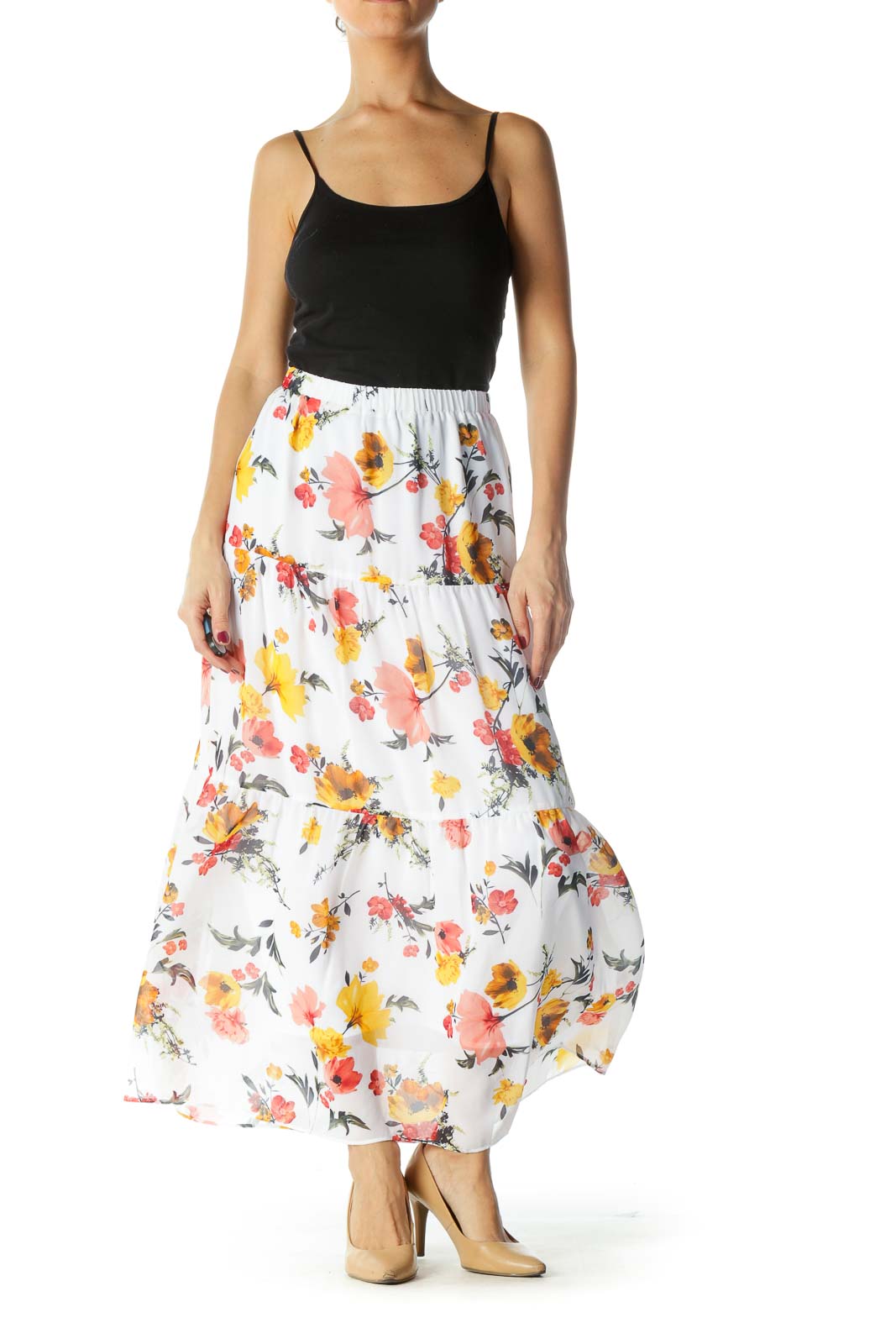 Orange and White Flower Print Maxi Skirt