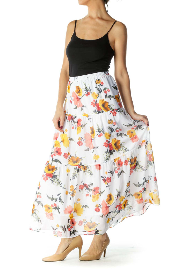 Orange and White Flower Print Maxi Skirt