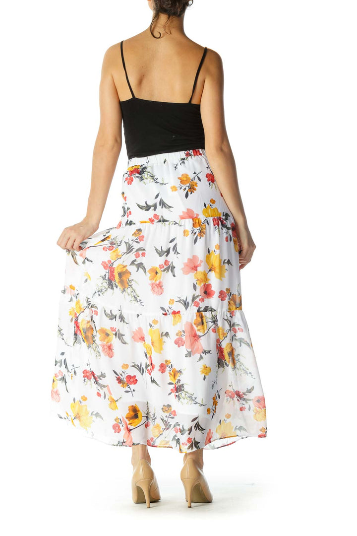 Orange and White Flower Print Maxi Skirt