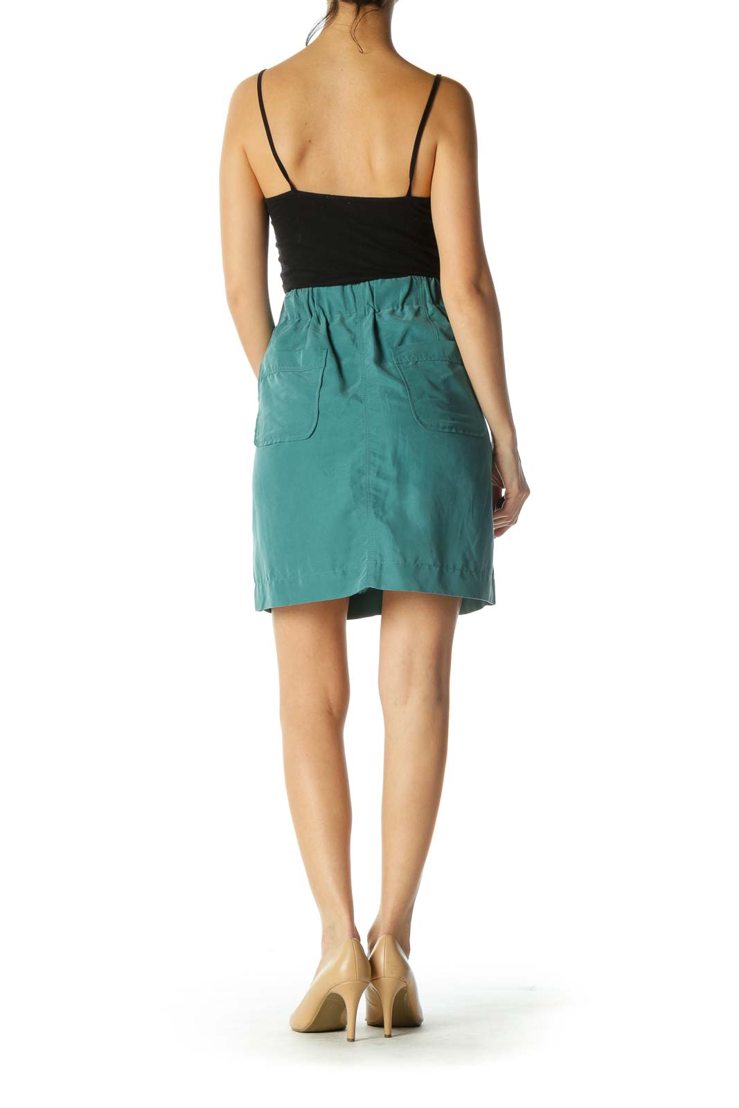 Green Pocketed Mid Rise Flared Skirt