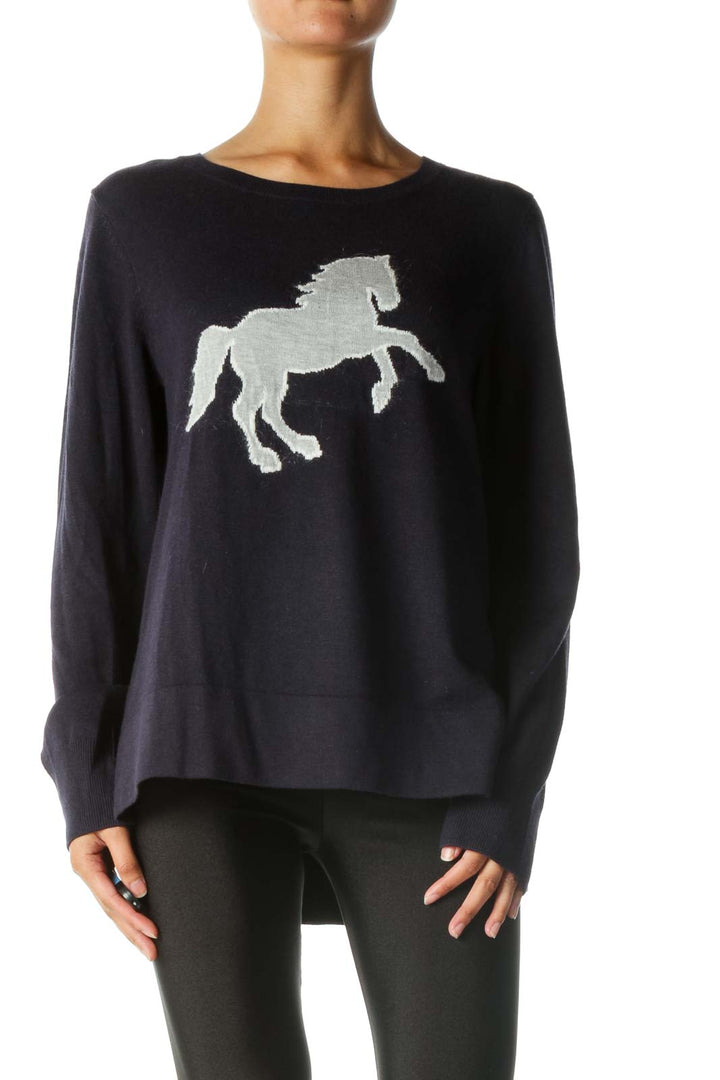 Navy and Gray Print Round Neck Long Sleeve Sweater