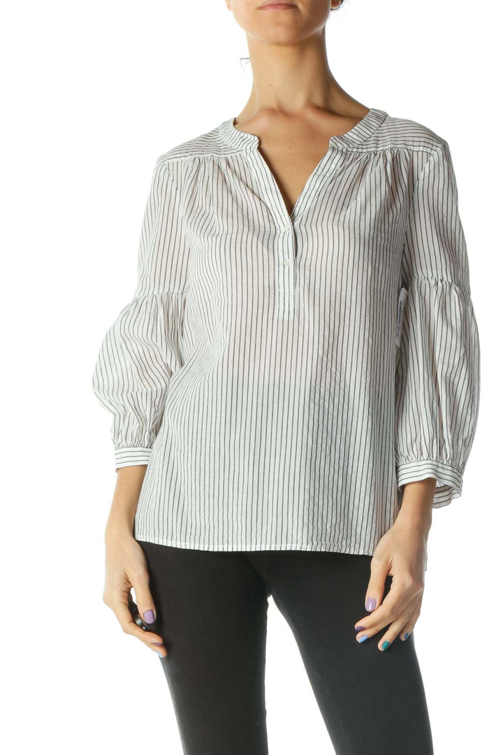 White and Gray Striped Bell Sleeve Shirt