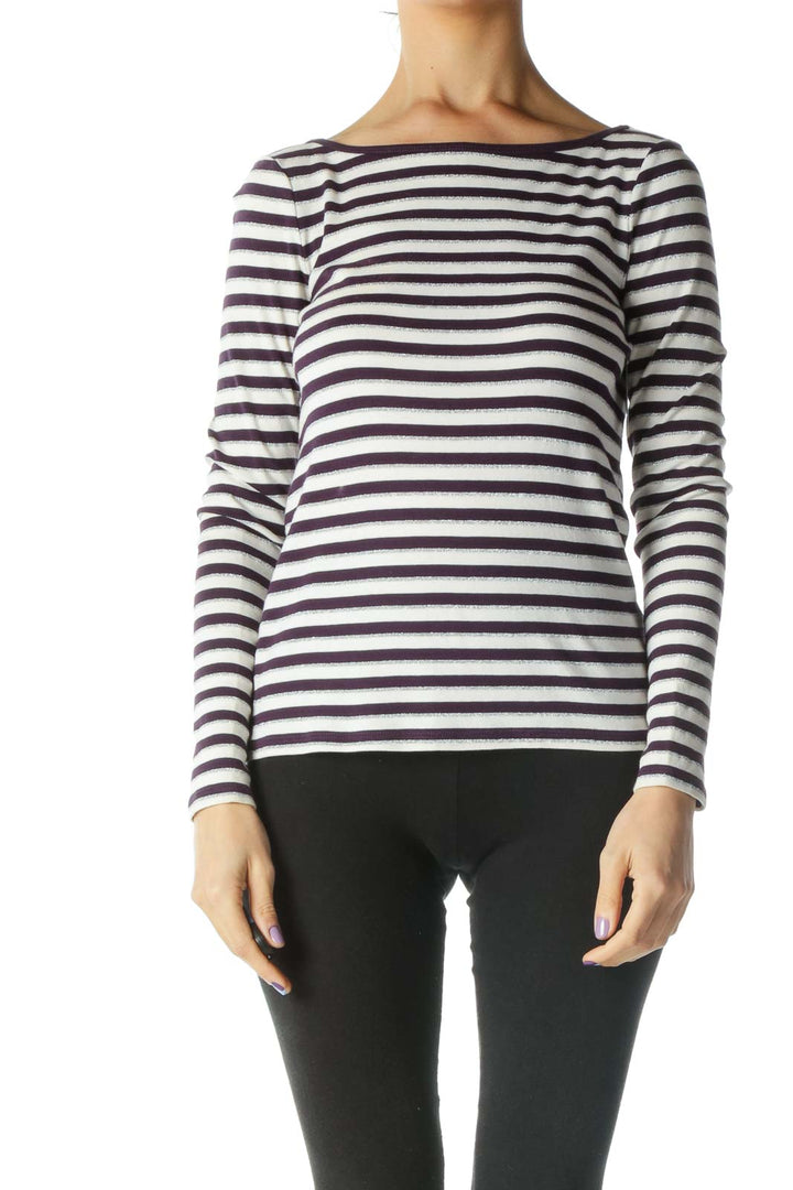 White, Purple, and Silver Striped Long Sleeve Top