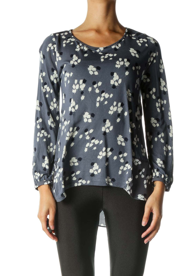 Blue and White Print Long Sleeve Blouse