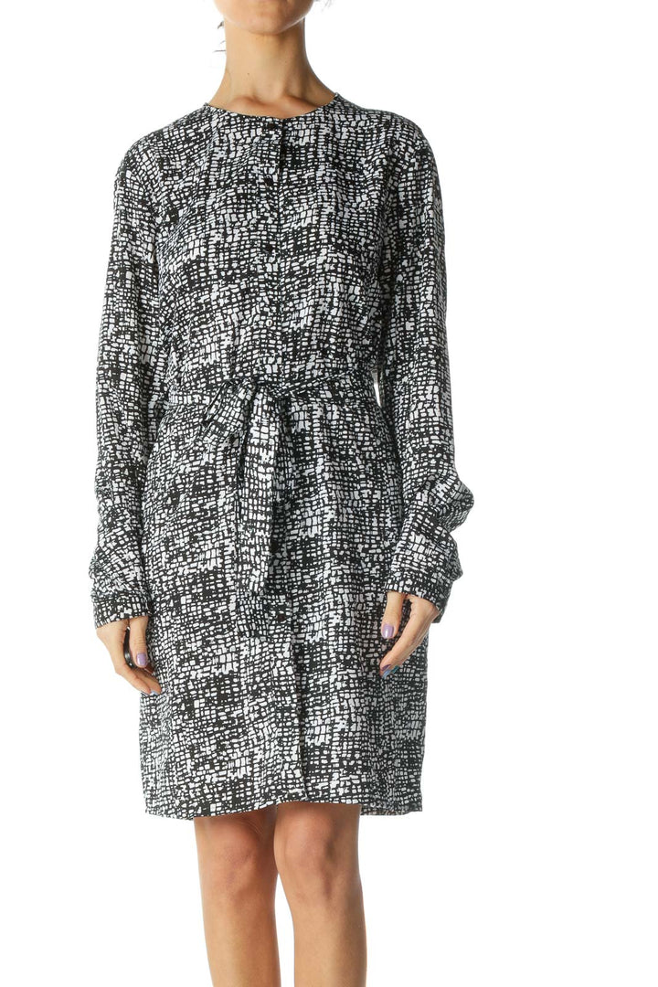 Black and White Printed Belted Long Sleeve Day Dress