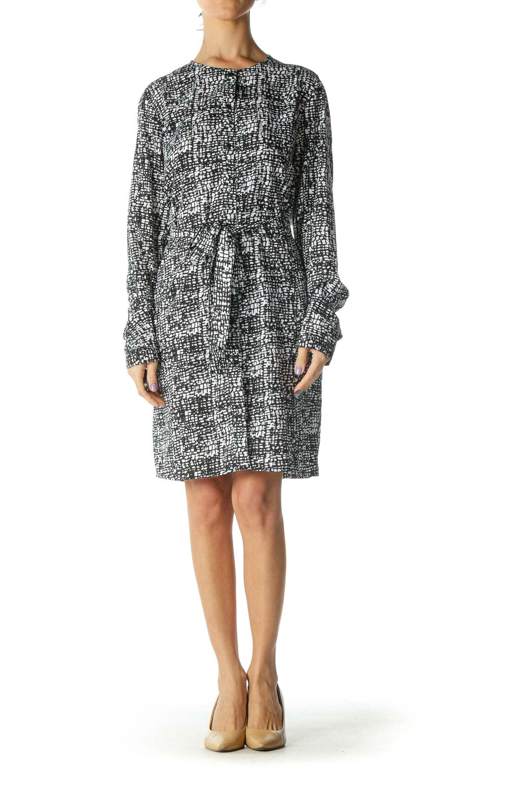 Black and White Printed Belted Long Sleeve Day Dress