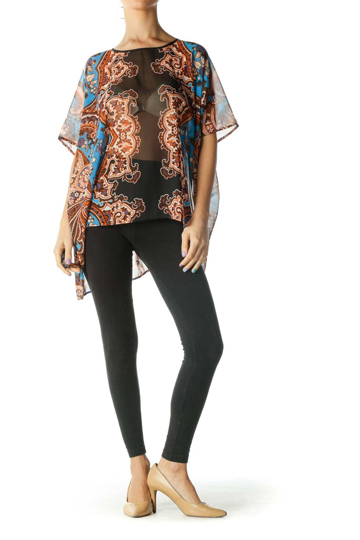 Black, Blue, and Orange See Through Floral Print Flowy Blouse