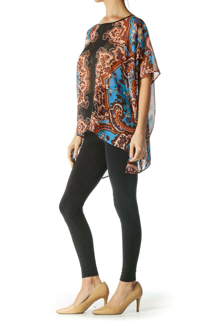 Black, Blue, and Orange See Through Floral Print Flowy Blouse