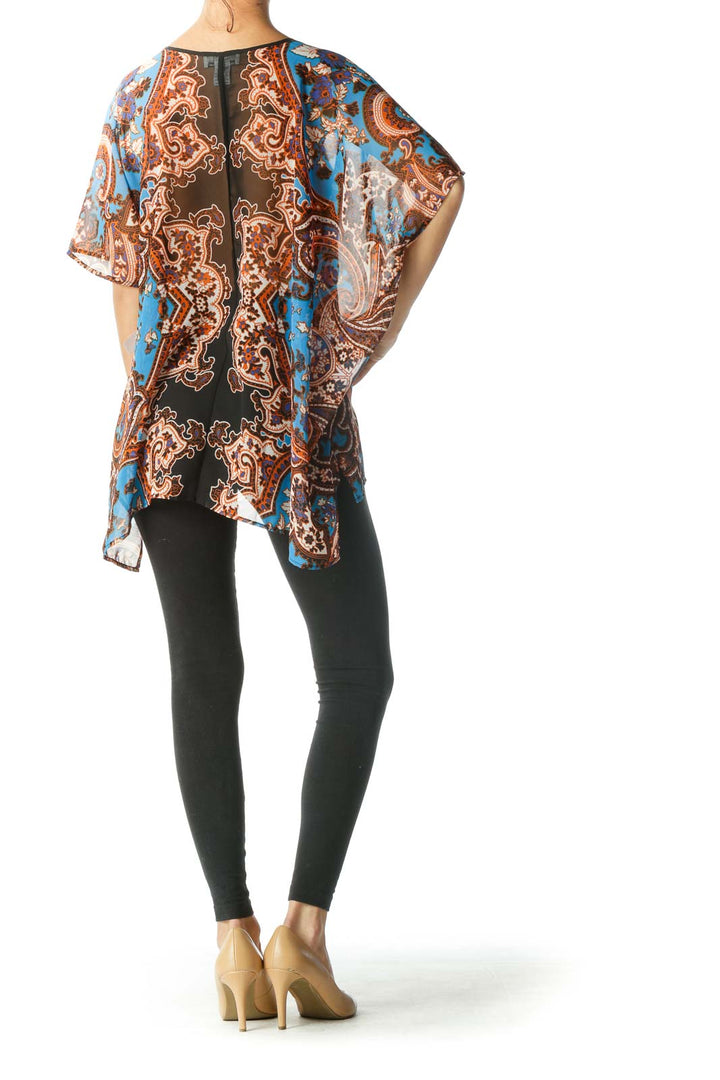 Black, Blue, and Orange See Through Floral Print Flowy Blouse