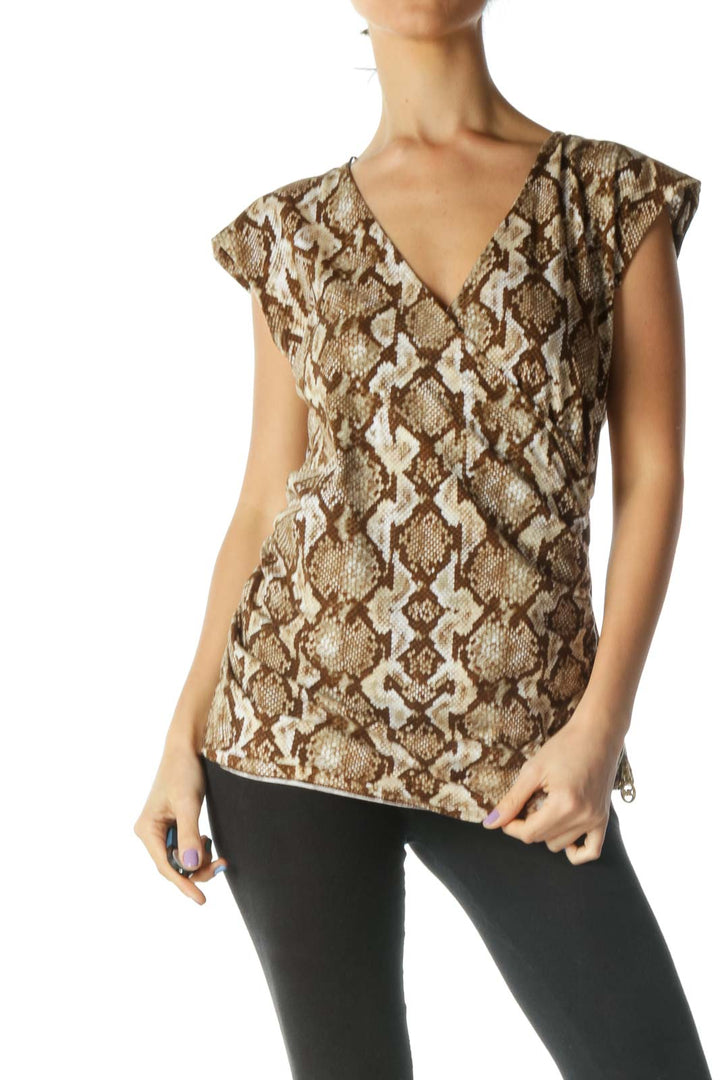 Brown and Beige Wrap Snake Print Shirt