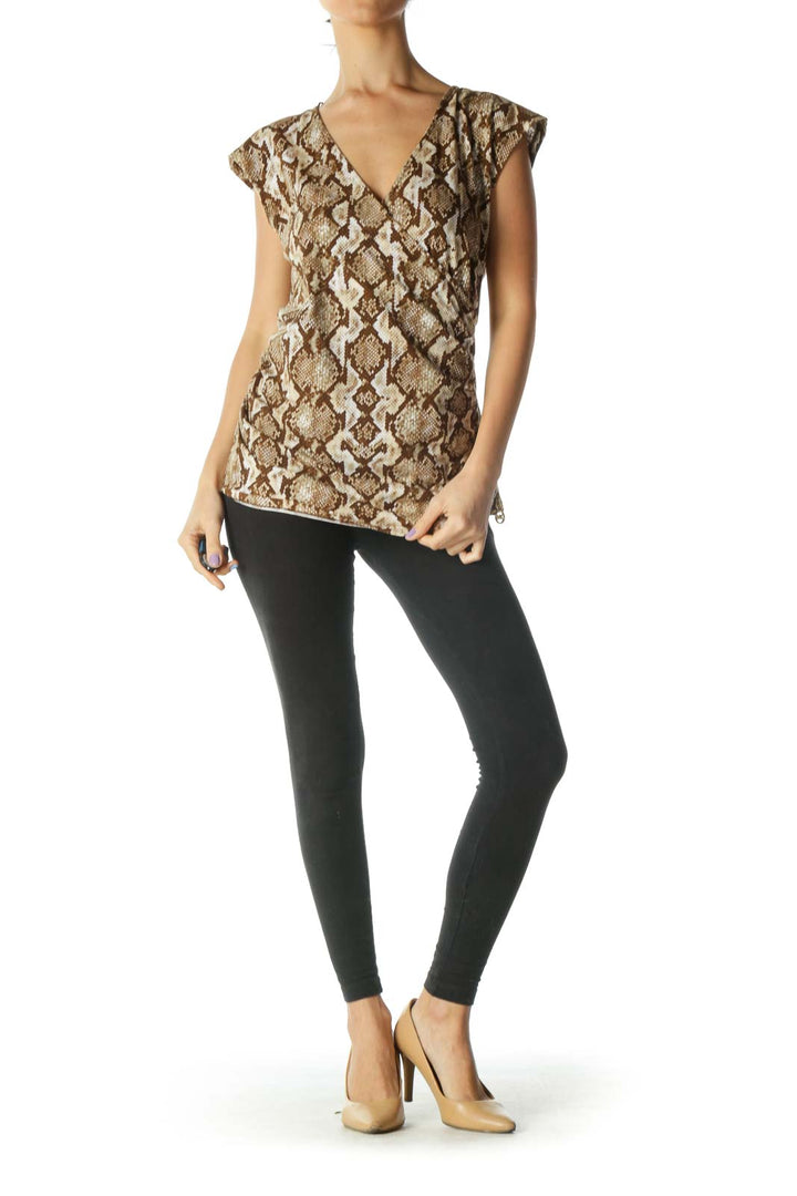 Brown and Beige Wrap Snake Print Shirt