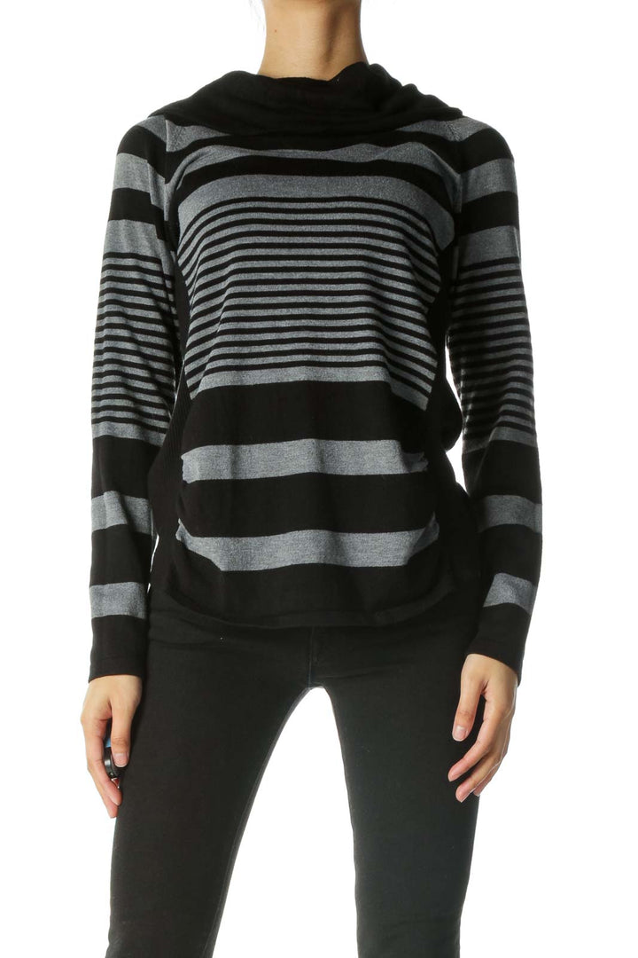 Black Gray Cowl Neck Striped Sweater