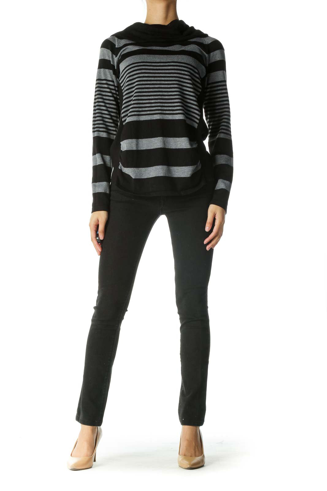 Black Gray Cowl Neck Striped Sweater