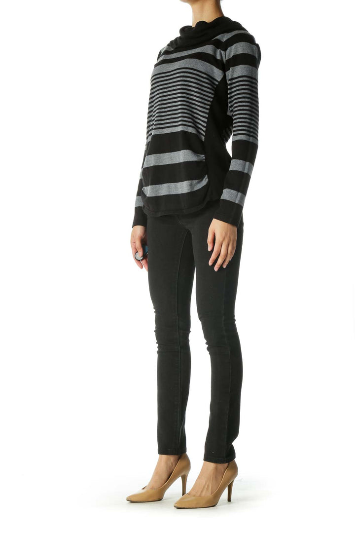 Black Gray Cowl Neck Striped Sweater