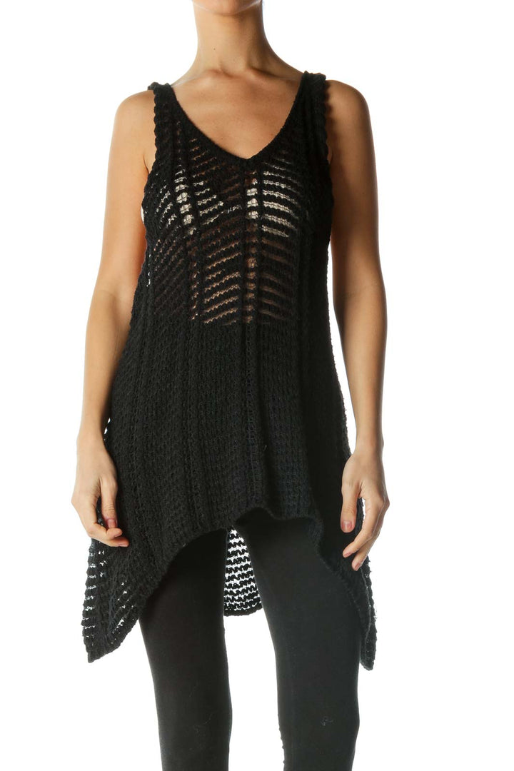 Black V-Neck Knit See-Through Top