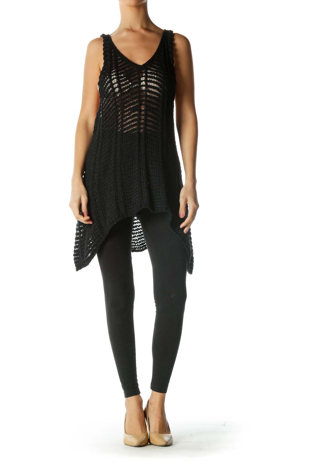 Black V-Neck Knit See-Through Top