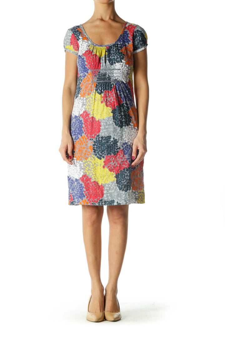 Gray and Multicolor Print Short Sleeve Dress