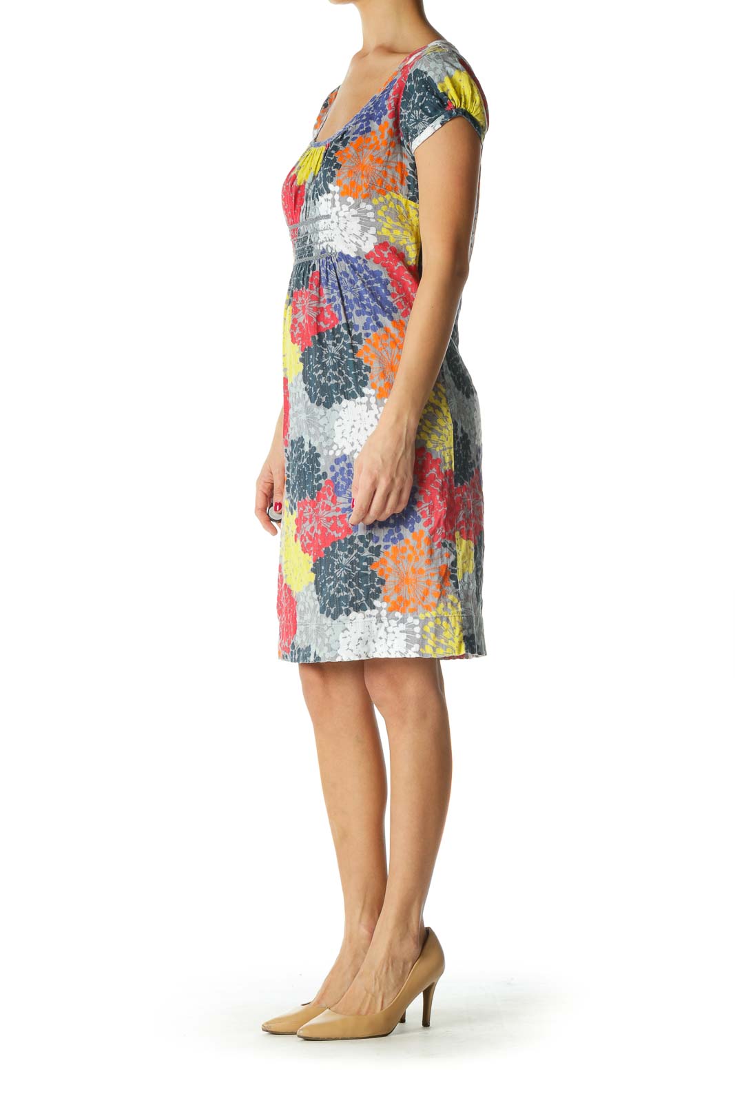 Gray and Multicolor Print Short Sleeve Dress