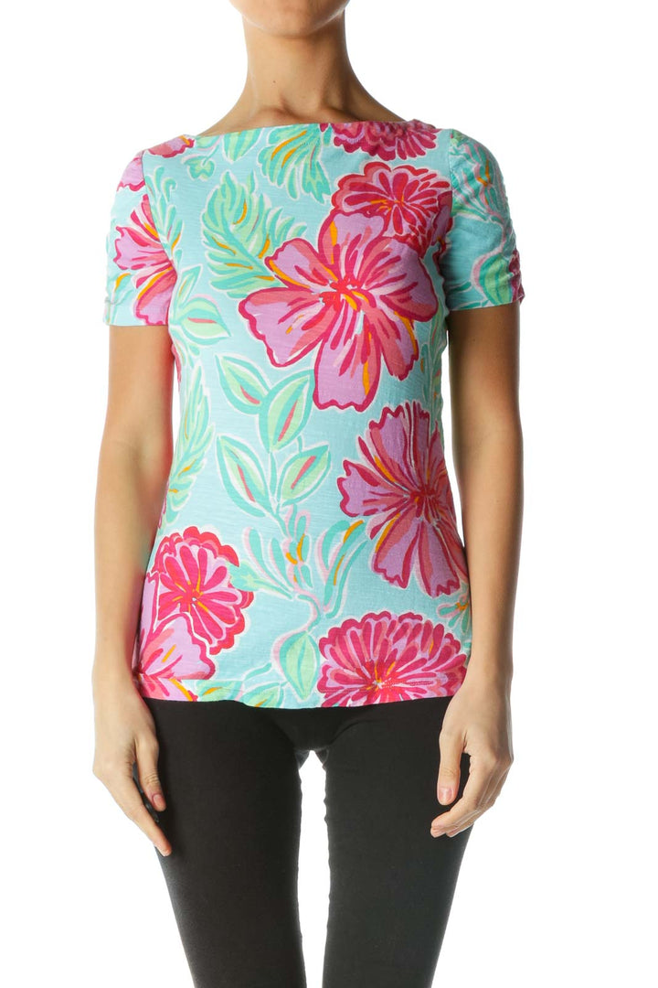 Pink Blue Orange 100% Cotton Floral Print T-Shirt