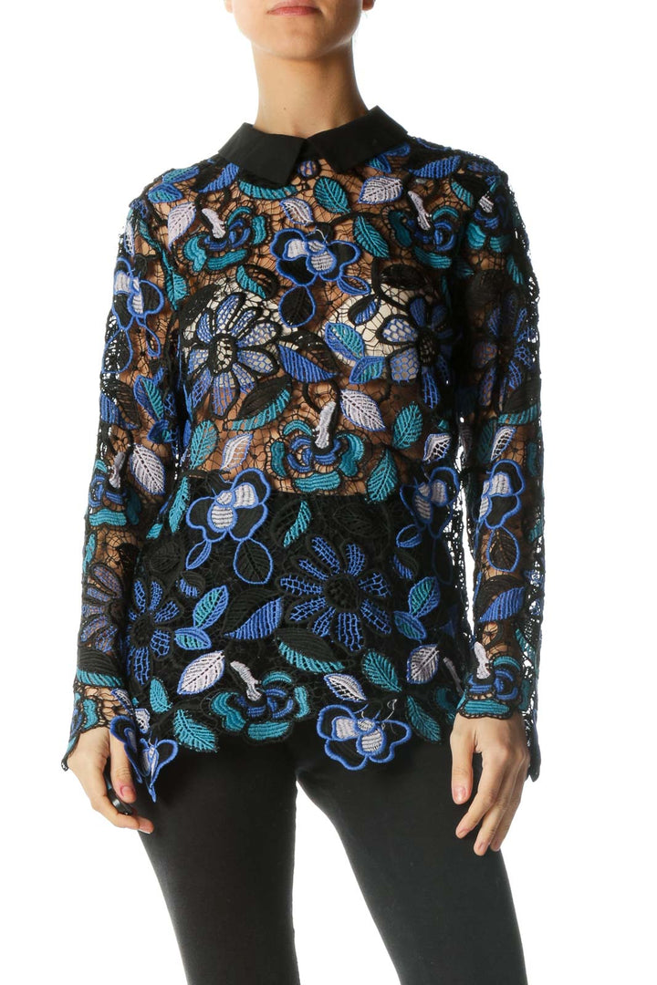 Black Blue See-Through Floral Knit Shirt