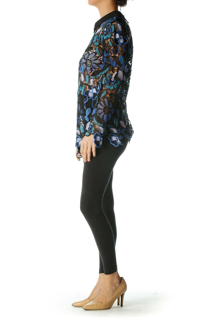 Black Blue See-Through Floral Knit Shirt