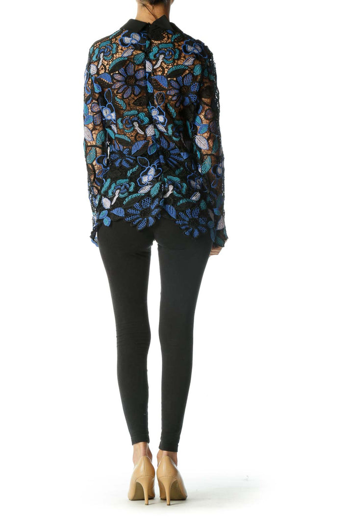 Black Blue See-Through Floral Knit Shirt