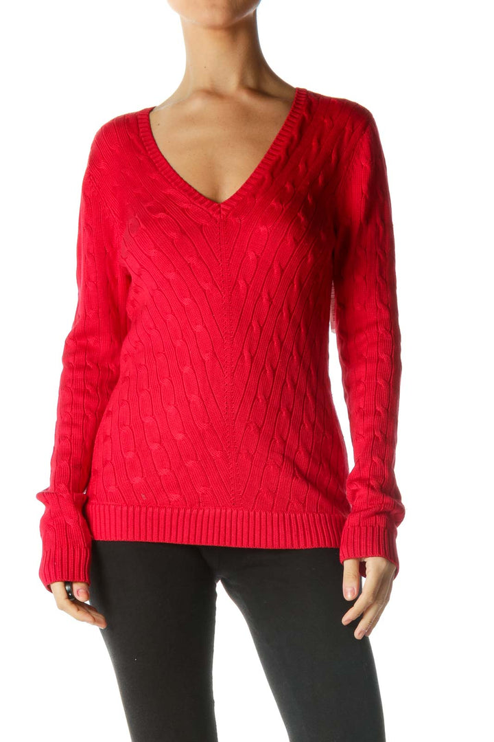 Red Knit V-Neck Sweater